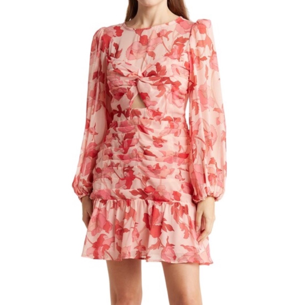 New ASTR Floral Print Twist Keyhole Cutout Front Long Sleeve Dress Pink Size XL